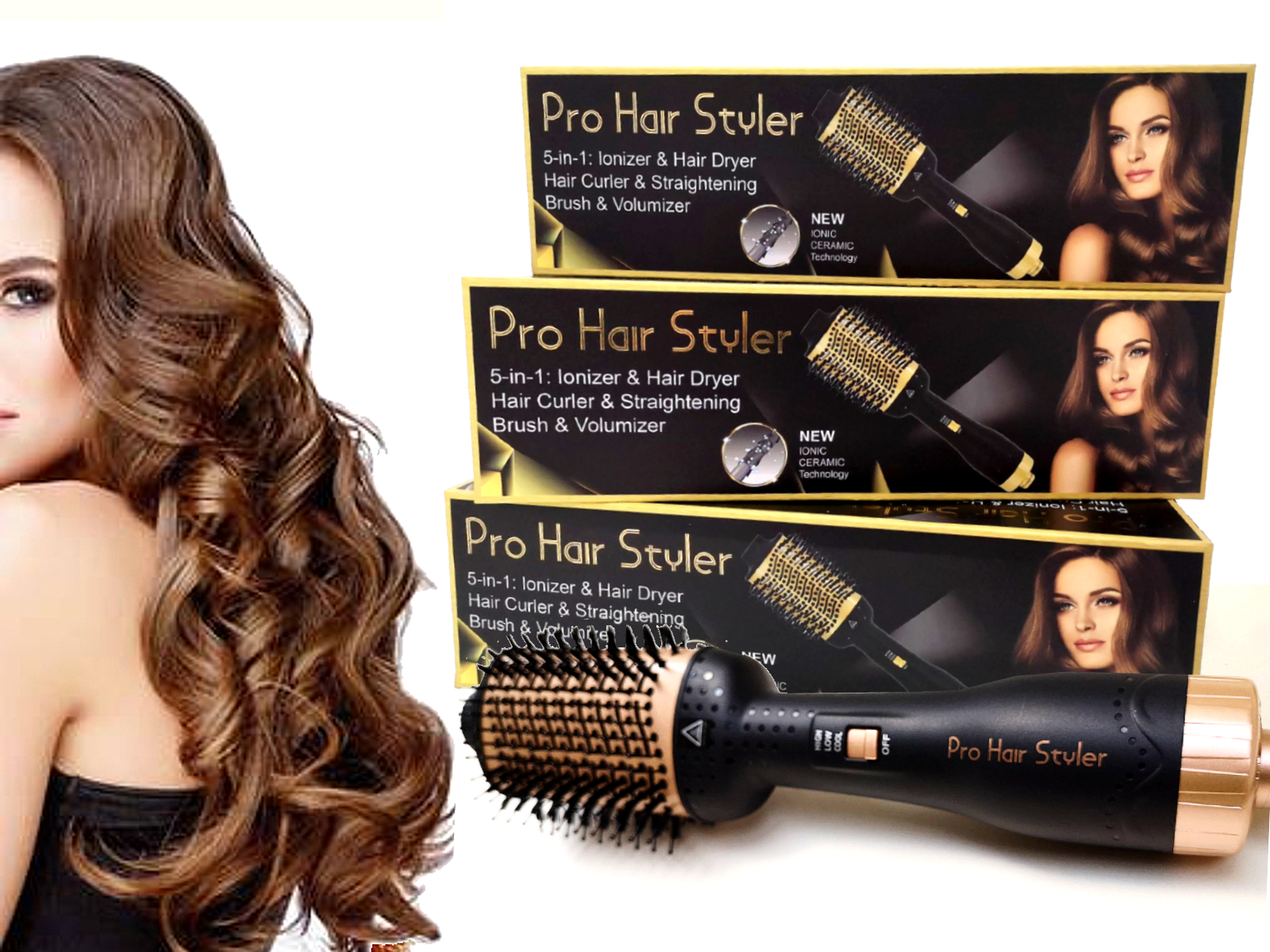 PRO HAIR STYLER, 5-in-1 Ionizer & Hair Dryer & Hair Curler & Straightening  Brush & Volumizer